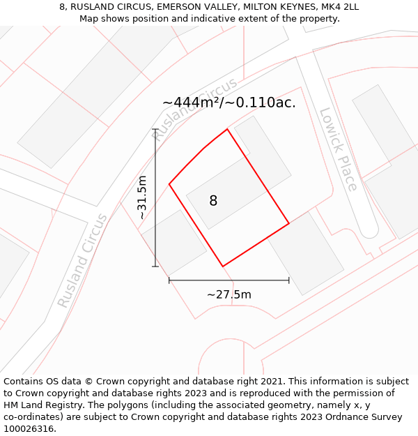 8, RUSLAND CIRCUS, EMERSON VALLEY, MILTON KEYNES, MK4 2LL: Plot and title map