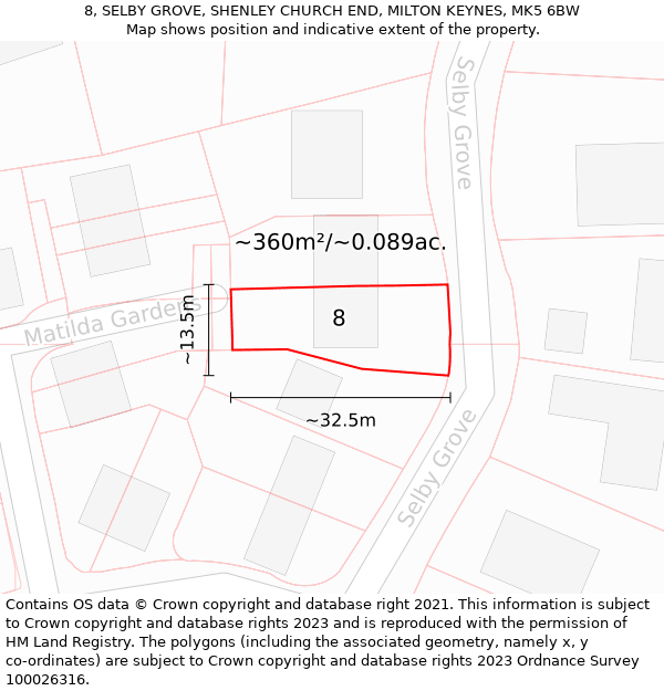 8, SELBY GROVE, SHENLEY CHURCH END, MILTON KEYNES, MK5 6BW: Plot and title map