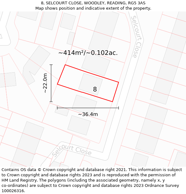 8, SELCOURT CLOSE, WOODLEY, READING, RG5 3AS: Plot and title map