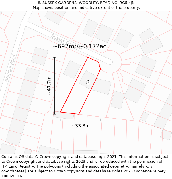 8, SUSSEX GARDENS, WOODLEY, READING, RG5 4JN: Plot and title map