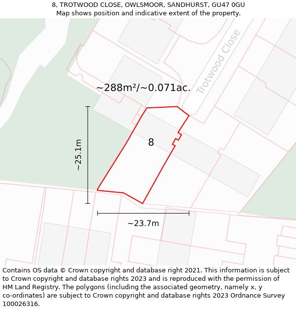 8, TROTWOOD CLOSE, OWLSMOOR, SANDHURST, GU47 0GU: Plot and title map