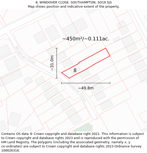 8, WINDOVER CLOSE, SOUTHAMPTON, SO19 5JS: Plot and title map