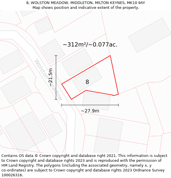 8, WOLSTON MEADOW, MIDDLETON, MILTON KEYNES, MK10 9AY: Plot and title map