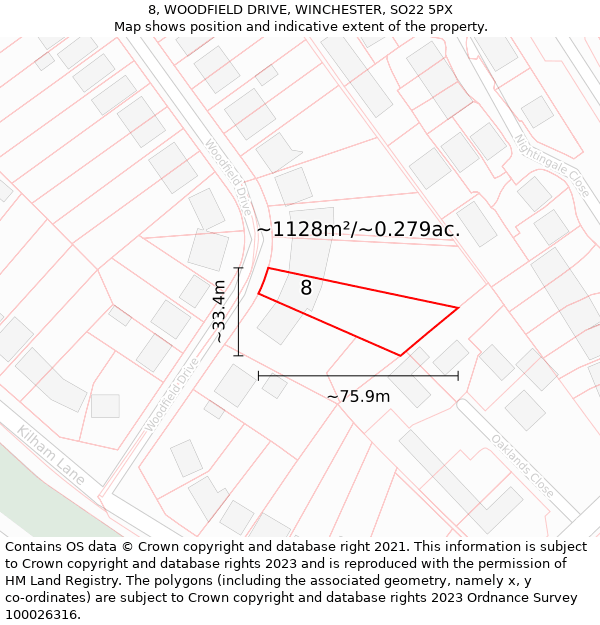 8, WOODFIELD DRIVE, WINCHESTER, SO22 5PX: Plot and title map