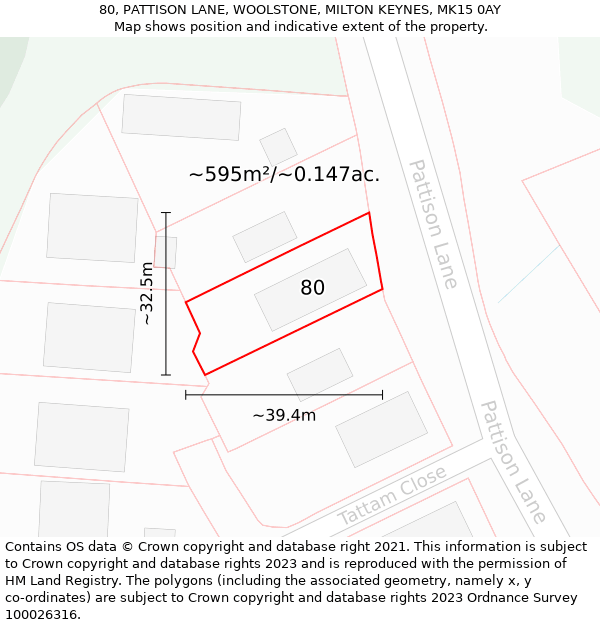 80, PATTISON LANE, WOOLSTONE, MILTON KEYNES, MK15 0AY: Plot and title map