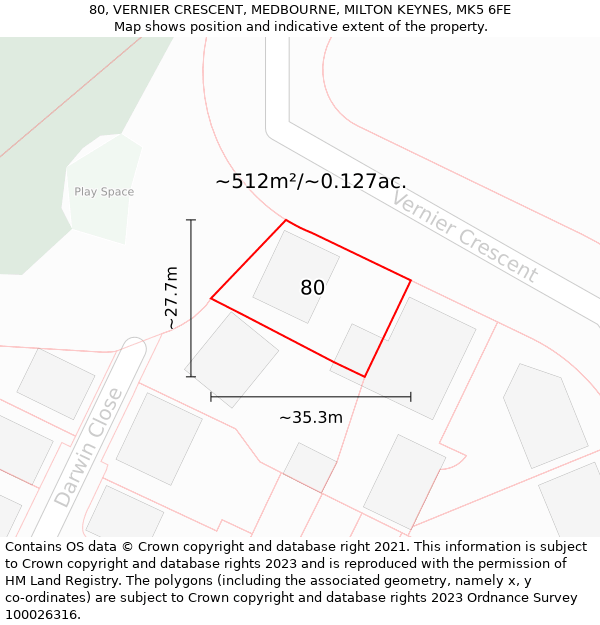 80, VERNIER CRESCENT, MEDBOURNE, MILTON KEYNES, MK5 6FE: Plot and title map