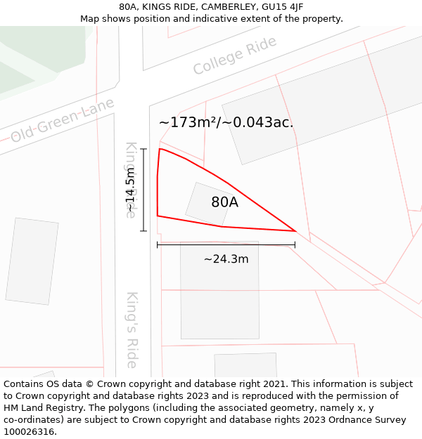 80A, KINGS RIDE, CAMBERLEY, GU15 4JF: Plot and title map