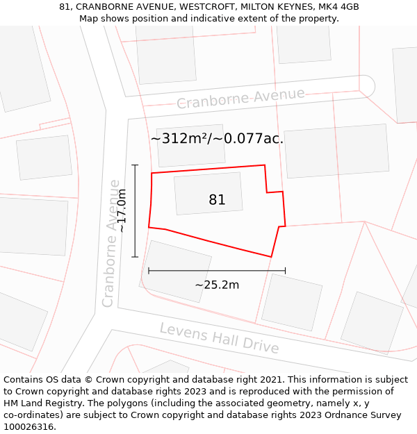 81, CRANBORNE AVENUE, WESTCROFT, MILTON KEYNES, MK4 4GB: Plot and title map