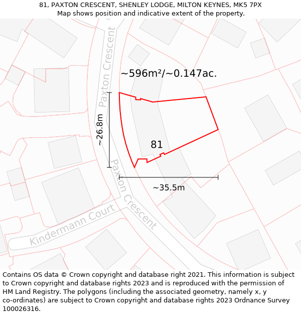 81, PAXTON CRESCENT, SHENLEY LODGE, MILTON KEYNES, MK5 7PX: Plot and title map