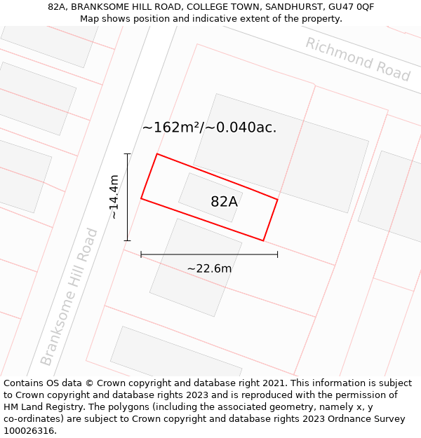 82A, BRANKSOME HILL ROAD, COLLEGE TOWN, SANDHURST, GU47 0QF: Plot and title map