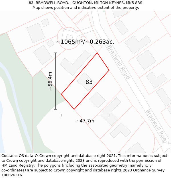 83, BRADWELL ROAD, LOUGHTON, MILTON KEYNES, MK5 8BS: Plot and title map