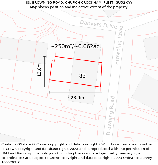 83, BROWNING ROAD, CHURCH CROOKHAM, FLEET, GU52 0YY: Plot and title map