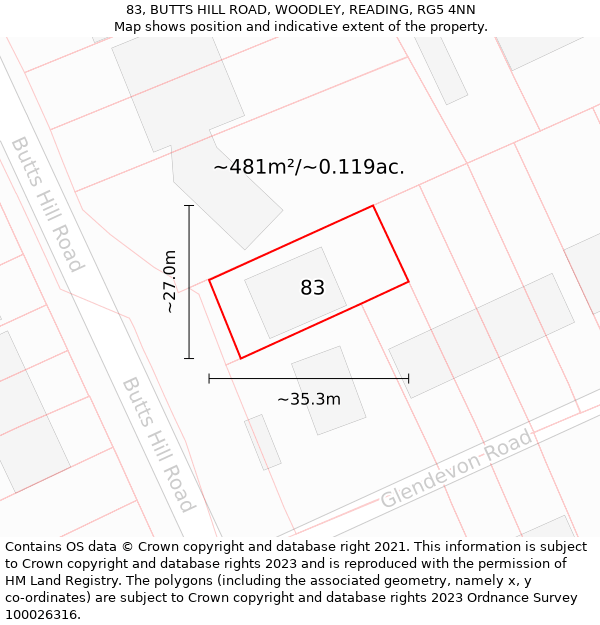 83, BUTTS HILL ROAD, WOODLEY, READING, RG5 4NN: Plot and title map