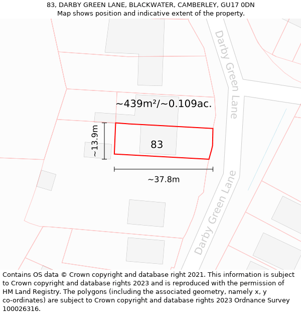 83, DARBY GREEN LANE, BLACKWATER, CAMBERLEY, GU17 0DN: Plot and title map
