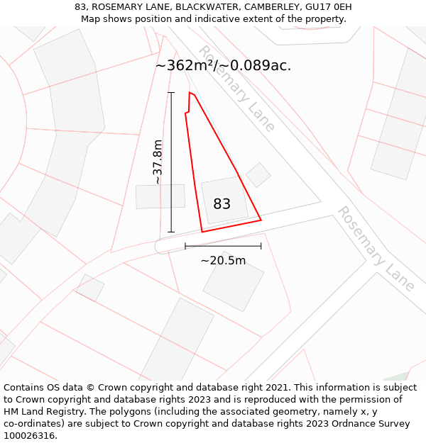 83, ROSEMARY LANE, BLACKWATER, CAMBERLEY, GU17 0EH: Plot and title map