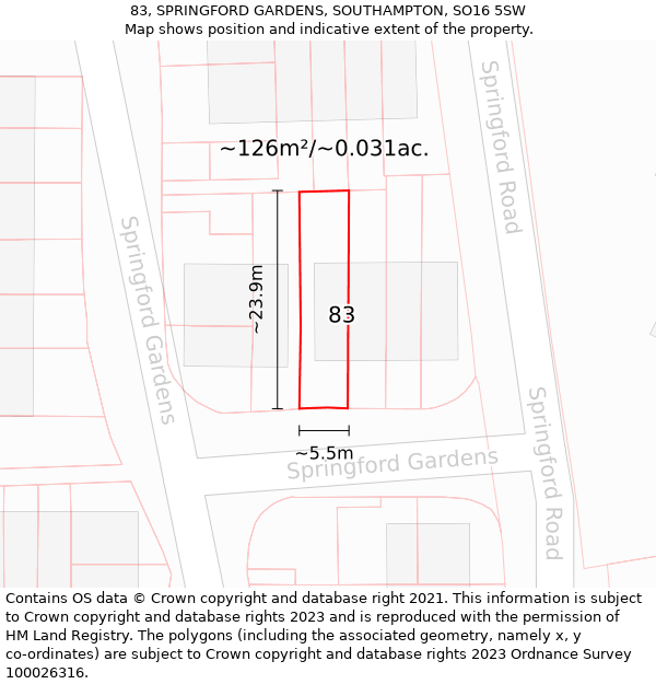 83, SPRINGFORD GARDENS, SOUTHAMPTON, SO16 5SW: Plot and title map