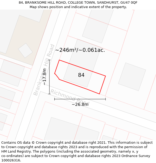 84, BRANKSOME HILL ROAD, COLLEGE TOWN, SANDHURST, GU47 0QF: Plot and title map