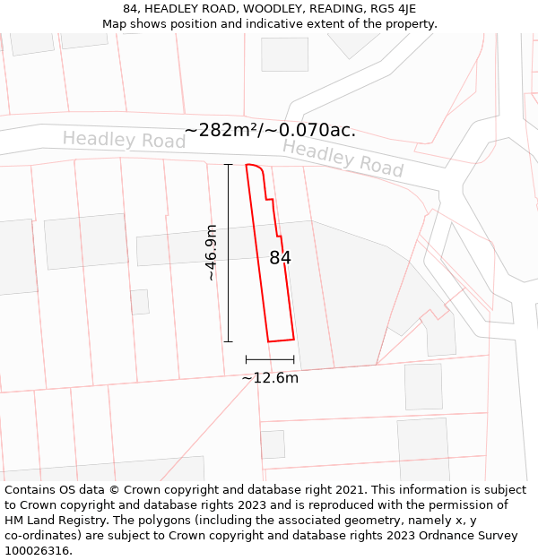 84, HEADLEY ROAD, WOODLEY, READING, RG5 4JE: Plot and title map
