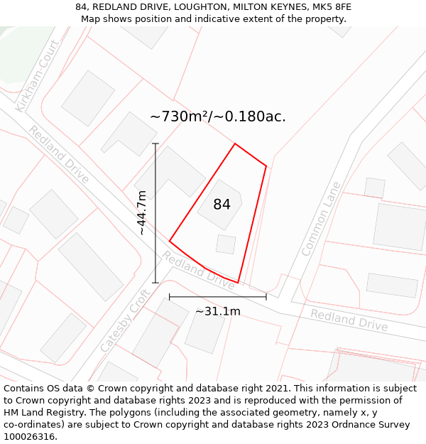 84, REDLAND DRIVE, LOUGHTON, MILTON KEYNES, MK5 8FE: Plot and title map