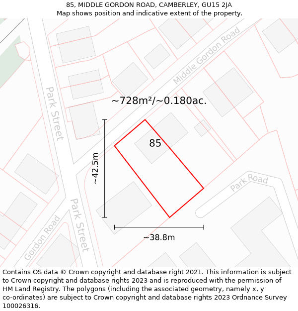85, MIDDLE GORDON ROAD, CAMBERLEY, GU15 2JA: Plot and title map