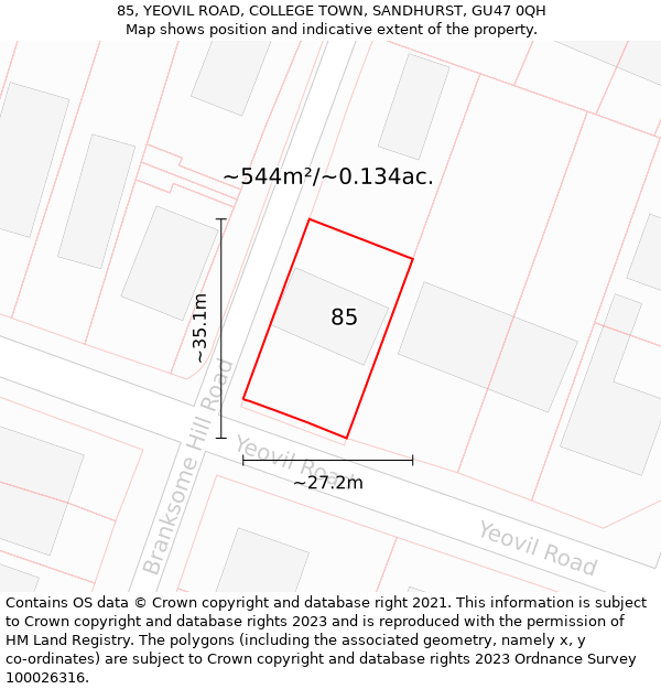 85, YEOVIL ROAD, COLLEGE TOWN, SANDHURST, GU47 0QH: Plot and title map