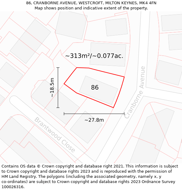 86, CRANBORNE AVENUE, WESTCROFT, MILTON KEYNES, MK4 4FN: Plot and title map