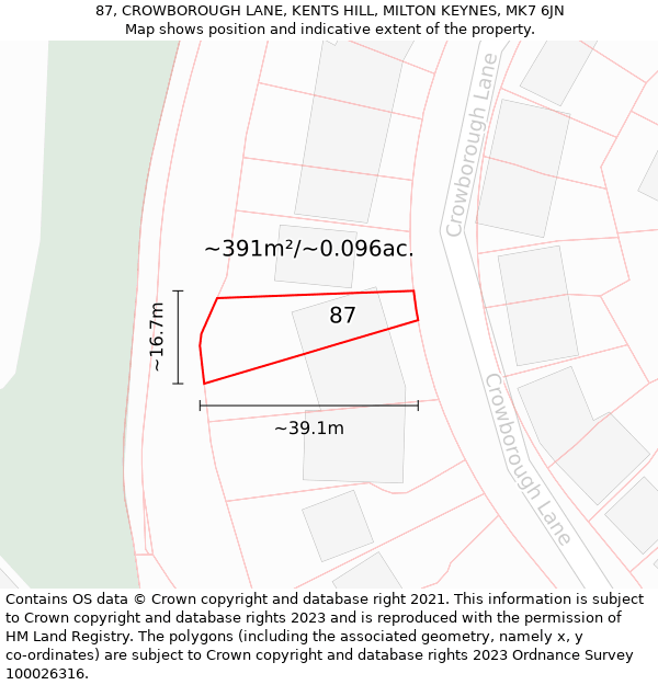 87, CROWBOROUGH LANE, KENTS HILL, MILTON KEYNES, MK7 6JN: Plot and title map