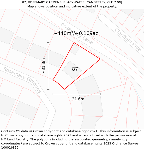 87, ROSEMARY GARDENS, BLACKWATER, CAMBERLEY, GU17 0NJ: Plot and title map