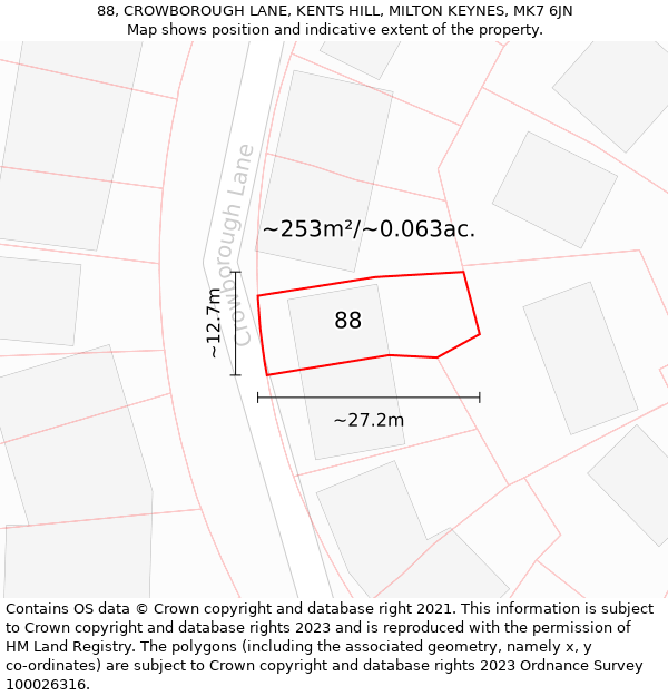 88, CROWBOROUGH LANE, KENTS HILL, MILTON KEYNES, MK7 6JN: Plot and title map