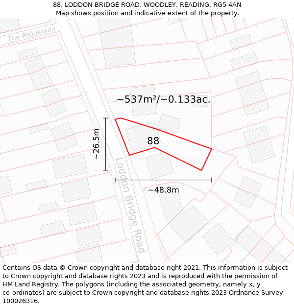 88, LODDON BRIDGE ROAD, WOODLEY, READING, RG5 4AN: Plot and title map