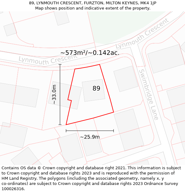 89, LYNMOUTH CRESCENT, FURZTON, MILTON KEYNES, MK4 1JP: Plot and title map