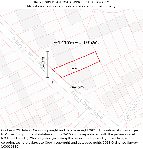 89, PRIORS DEAN ROAD, WINCHESTER, SO22 6JY: Plot and title map