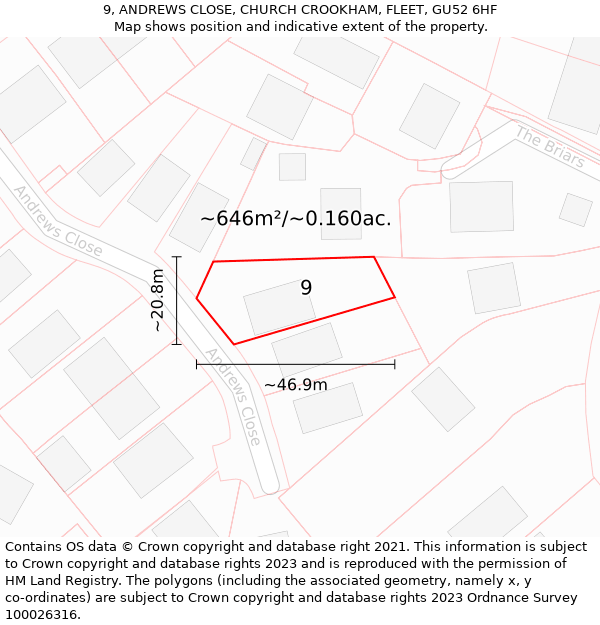 9, ANDREWS CLOSE, CHURCH CROOKHAM, FLEET, GU52 6HF: Plot and title map