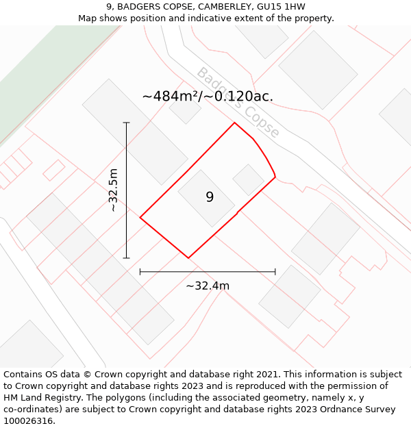 9, BADGERS COPSE, CAMBERLEY, GU15 1HW: Plot and title map