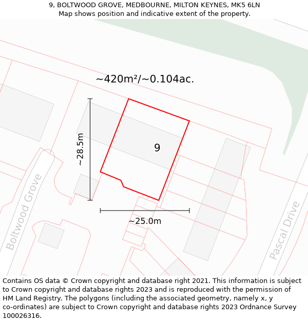 9, BOLTWOOD GROVE, MEDBOURNE, MILTON KEYNES, MK5 6LN: Plot and title map