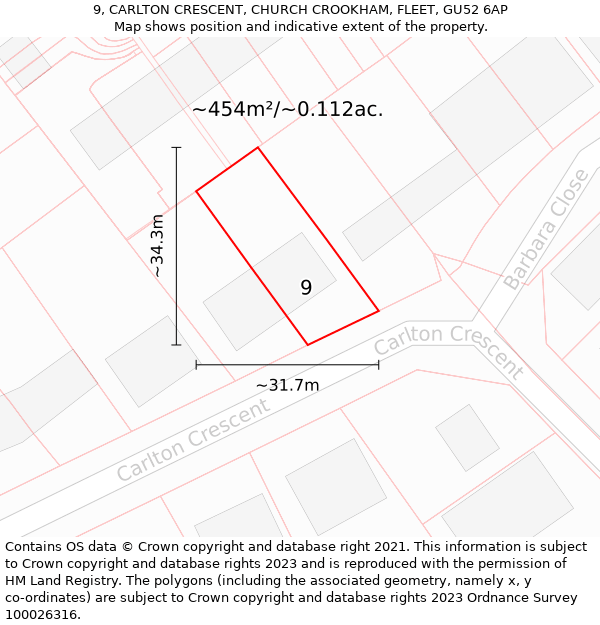 9, CARLTON CRESCENT, CHURCH CROOKHAM, FLEET, GU52 6AP: Plot and title map