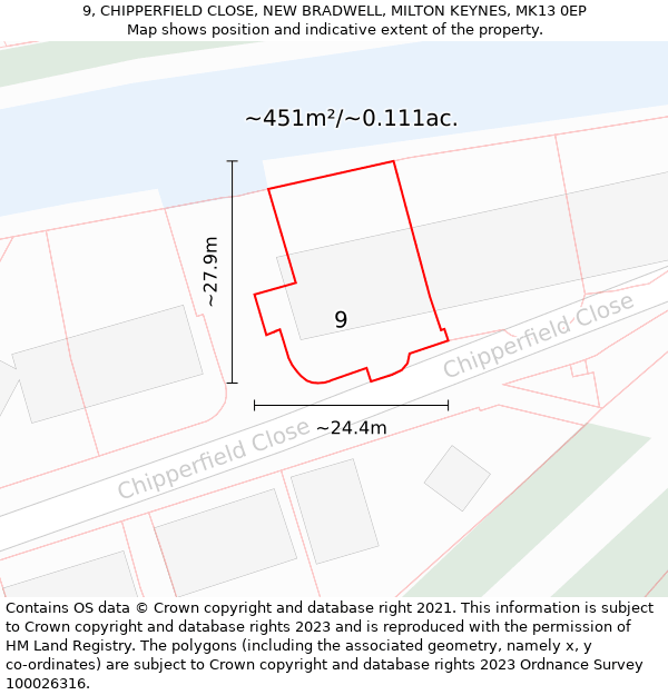 9, CHIPPERFIELD CLOSE, NEW BRADWELL, MILTON KEYNES, MK13 0EP: Plot and title map