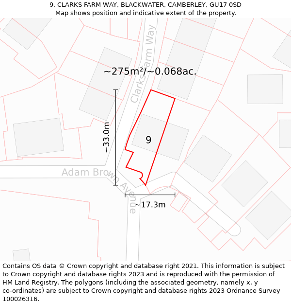 9, CLARKS FARM WAY, BLACKWATER, CAMBERLEY, GU17 0SD: Plot and title map