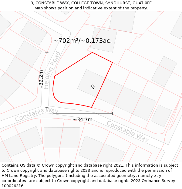 9, CONSTABLE WAY, COLLEGE TOWN, SANDHURST, GU47 0FE: Plot and title map