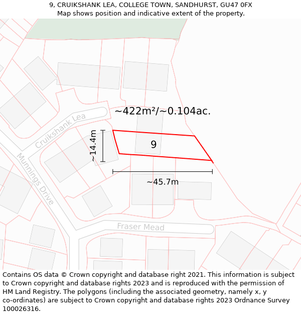 9, CRUIKSHANK LEA, COLLEGE TOWN, SANDHURST, GU47 0FX: Plot and title map