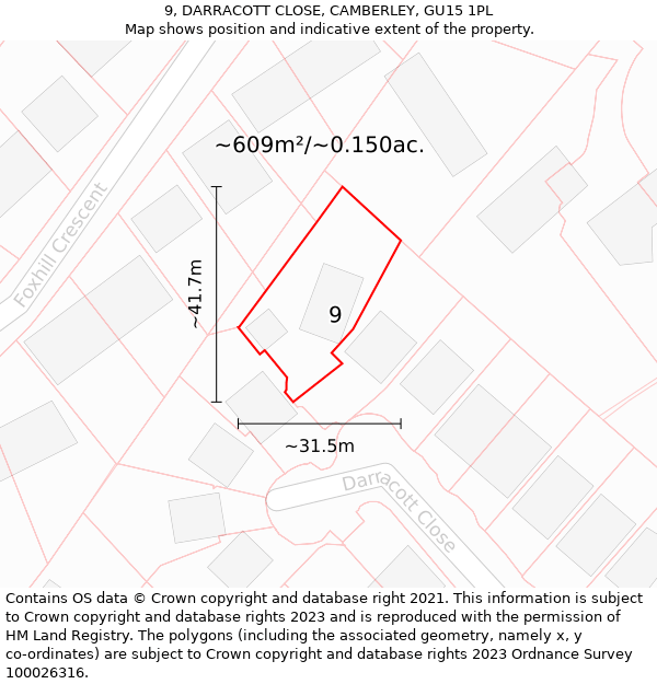 9, DARRACOTT CLOSE, CAMBERLEY, GU15 1PL: Plot and title map