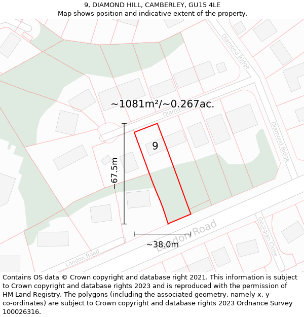 9, DIAMOND HILL, CAMBERLEY, GU15 4LE: Plot and title map