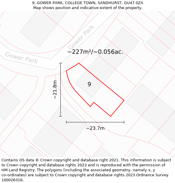 9, GOWER PARK, COLLEGE TOWN, SANDHURST, GU47 0ZA: Plot and title map