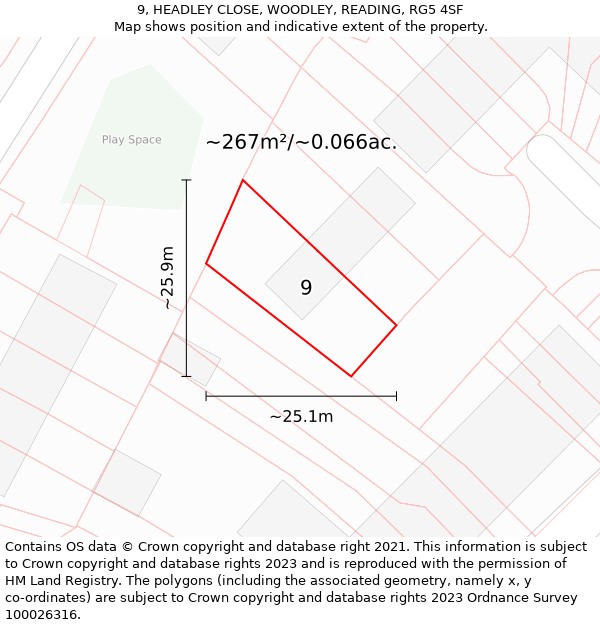 9, HEADLEY CLOSE, WOODLEY, READING, RG5 4SF: Plot and title map