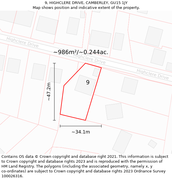 9, HIGHCLERE DRIVE, CAMBERLEY, GU15 1JY: Plot and title map