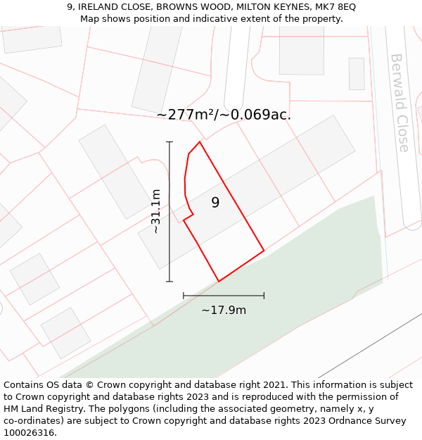 9, IRELAND CLOSE, BROWNS WOOD, MILTON KEYNES, MK7 8EQ: Plot and title map