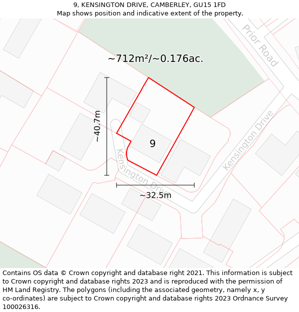 9, KENSINGTON DRIVE, CAMBERLEY, GU15 1FD: Plot and title map