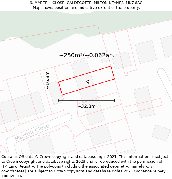 9, MARTELL CLOSE, CALDECOTTE, MILTON KEYNES, MK7 8AG: Plot and title map