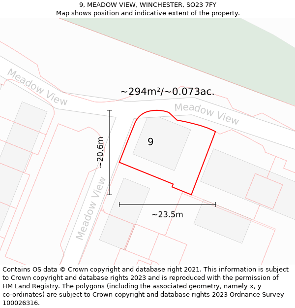 9, MEADOW VIEW, WINCHESTER, SO23 7FY: Plot and title map