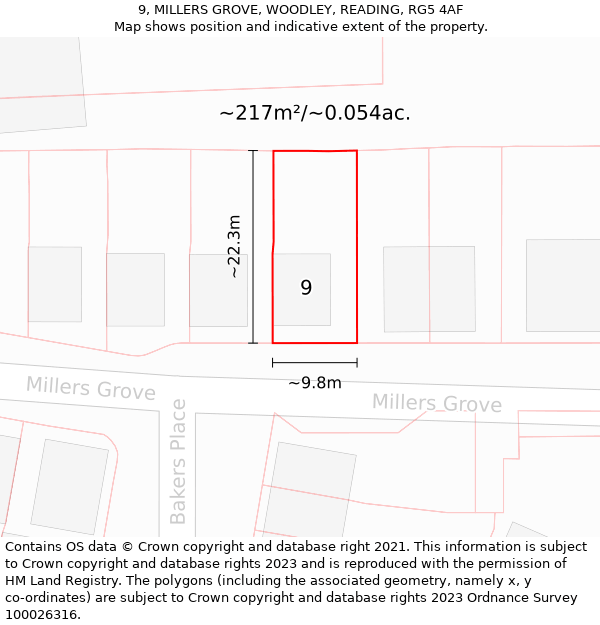 9, MILLERS GROVE, WOODLEY, READING, RG5 4AF: Plot and title map